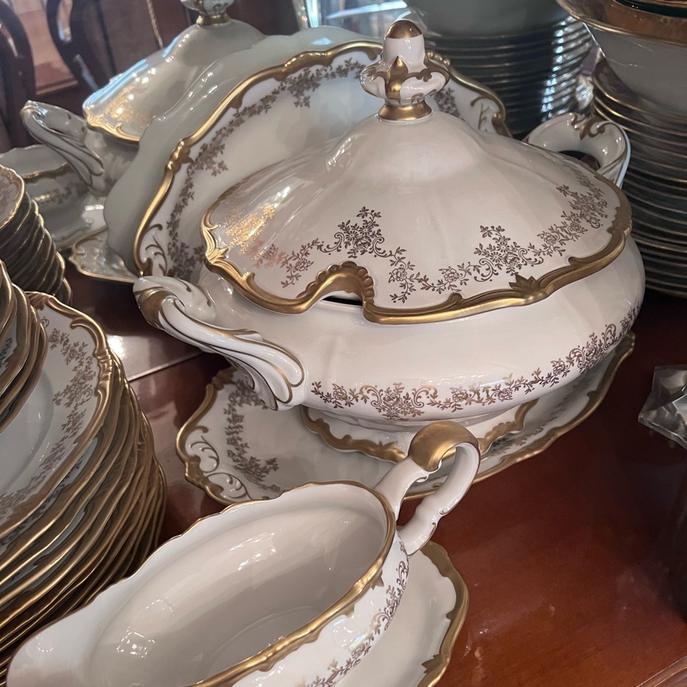 12 person white cobalt German dining set. Brand new, never used.
